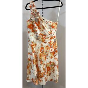 Tahari ASL Levine Floral One Shoulder Rosette Dress Size 8 Orange Ivory Party